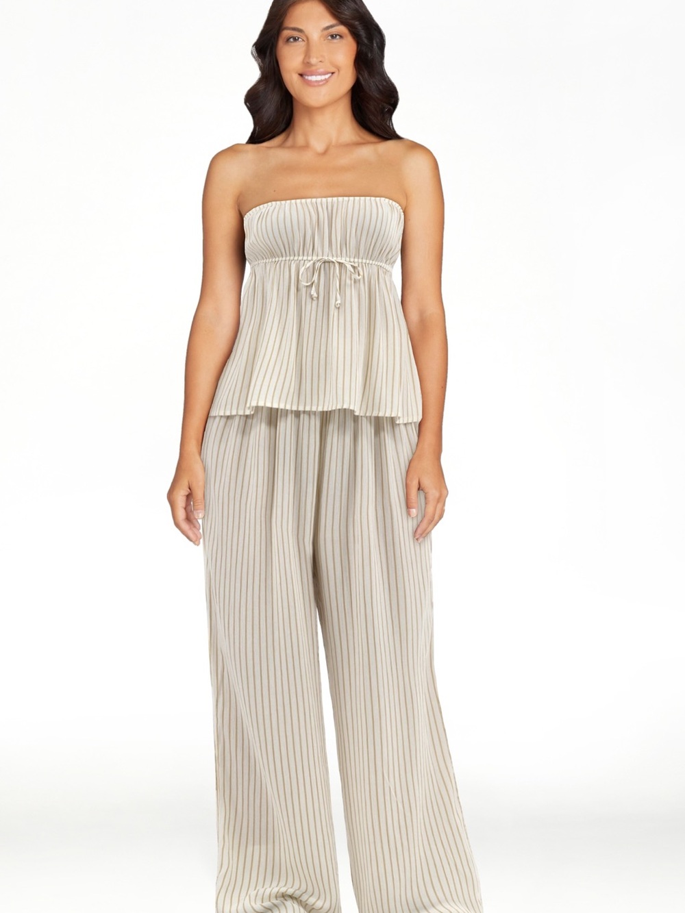 No Boundaries Cream and Tan Striped Strapless Top and Wide-Leg Pants Set